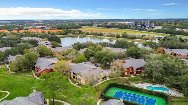 aerial view featuring a water view and a residential view