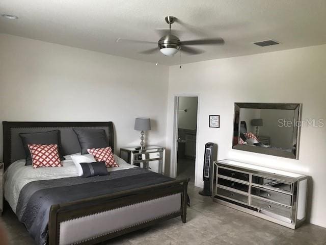 bedroom with ceiling fan and visible vents