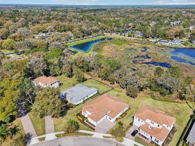 aerial view with a water view and a residential view