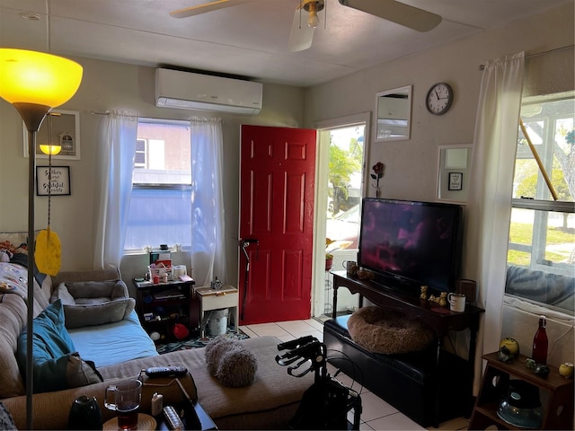 tiled living room featuring ceiling fan, a wealth of natural light, and a wall mounted AC