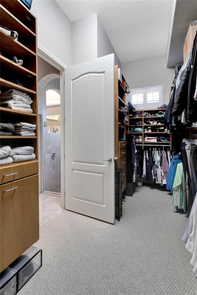 spacious closet with arched walkways and carpet flooring