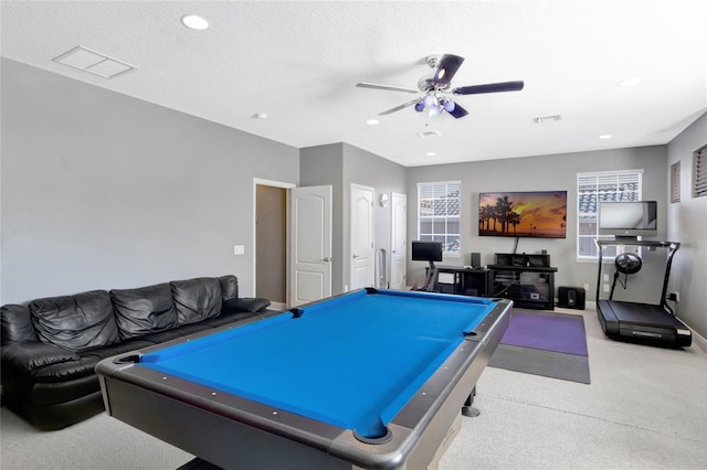 rec room featuring recessed lighting, visible vents, ceiling fan, and pool table