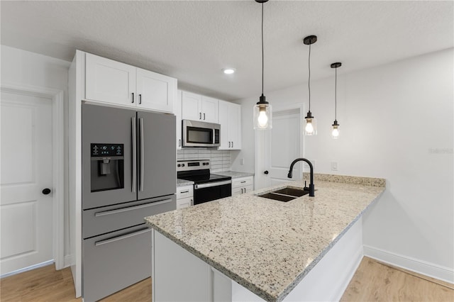 kitchen with decorative backsplash, white cabinets, appliances with stainless steel finishes, a peninsula, and a sink