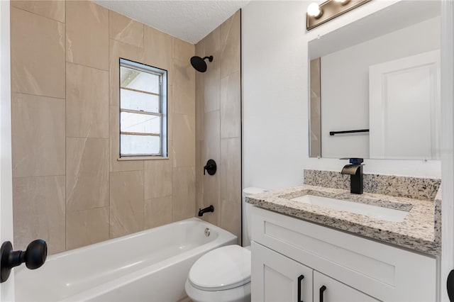 full bath featuring a textured ceiling,  shower combination, vanity, and toilet