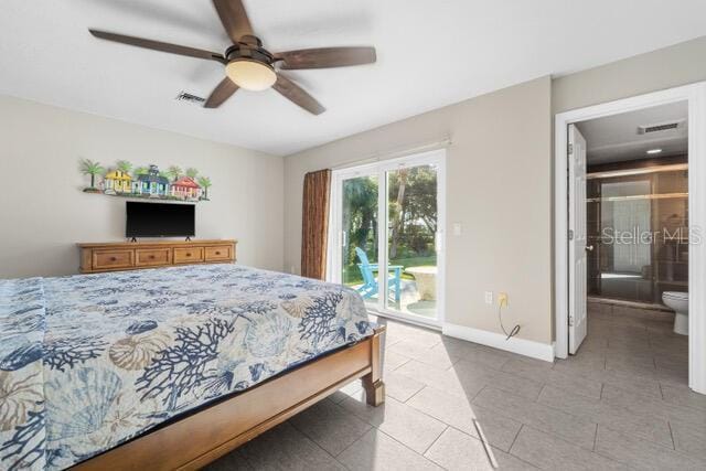 bedroom with access to exterior, visible vents, ceiling fan, baseboards, and tile patterned floors