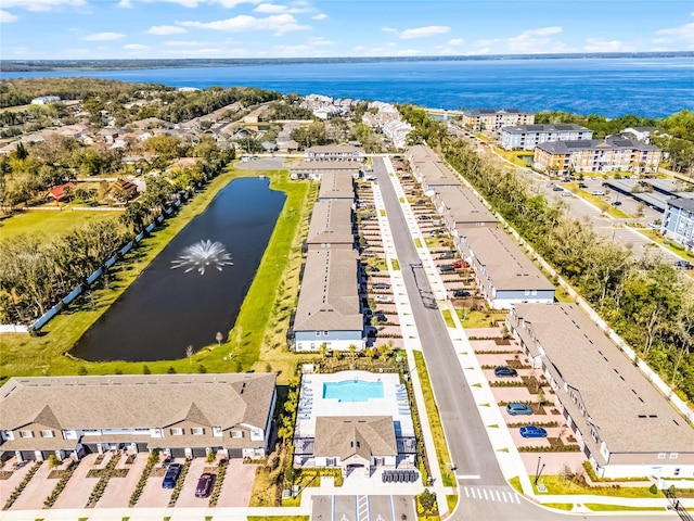 drone / aerial view featuring a water view