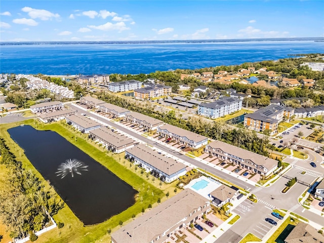 drone / aerial view featuring a water view