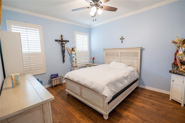 bedroom featuring baseboards, dark wood finished floors, and ornamental molding