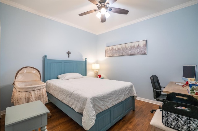 bedroom featuring baseboards, dark wood-style floors, a ceiling fan, and ornamental molding