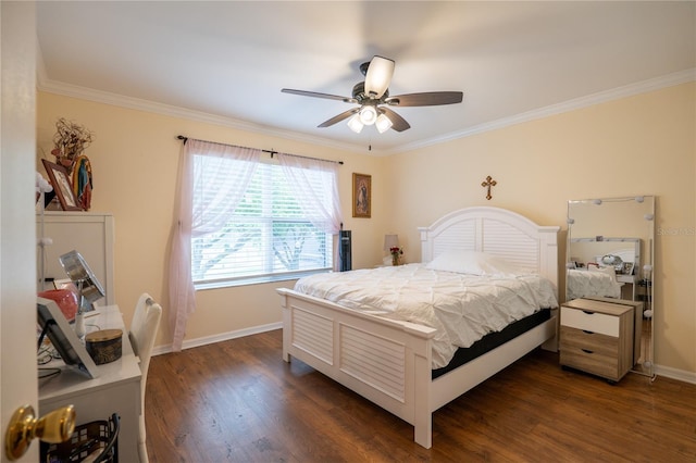 bedroom with ceiling fan, baseboards, dark wood finished floors, and crown molding