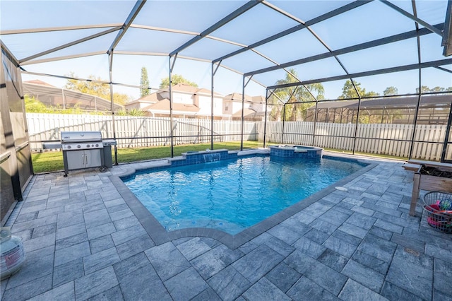 view of swimming pool with a patio area, a fenced backyard, and grilling area