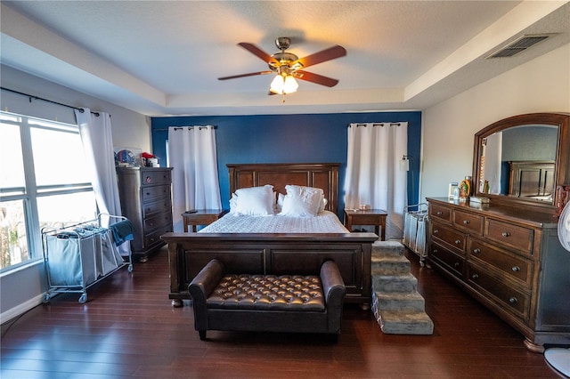 bedroom featuring a raised ceiling, visible vents, and multiple windows