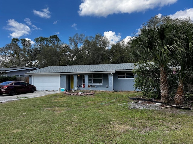 single story home featuring a garage, driveway, a front yard, and stucco siding