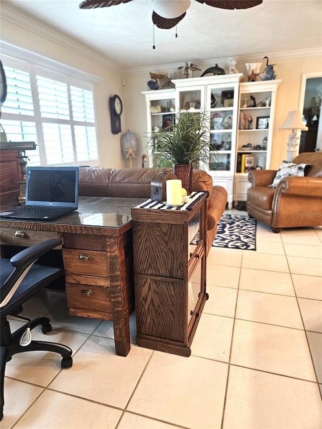 1706 S Lakeside Ct, Venice, FL 34293 - tiled living room featuring ornamental molding and ceiling fan