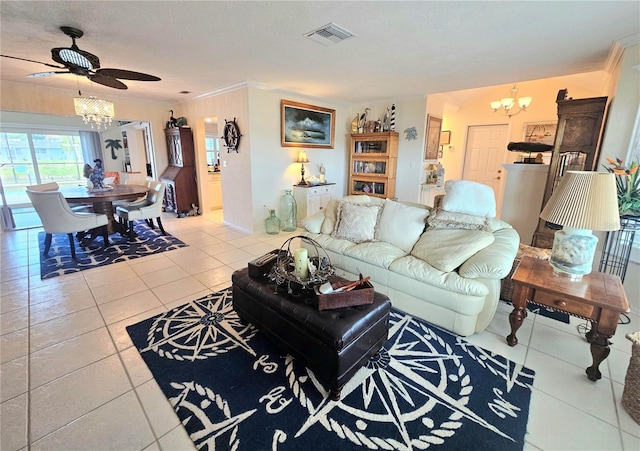 1706 S Lakeside Ct, Venice, FL 34293 - tiled living room featuring ceiling fan with notable chandelier, visible vents, and crown molding
