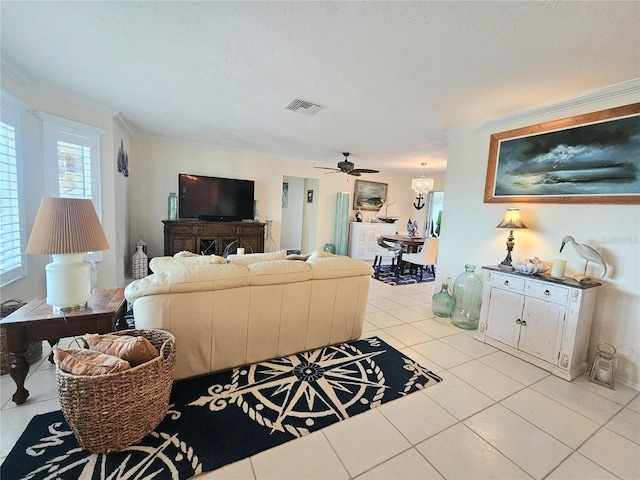 1706 S Lakeside Ct, Venice, FL 34293 - tiled living area with ceiling fan with notable chandelier, crown molding, and visible vents