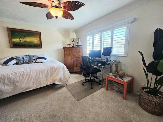 1706 S Lakeside Ct, Venice, FL 34293 - bedroom with carpet, a textured wall, ornamental molding, and a ceiling fan