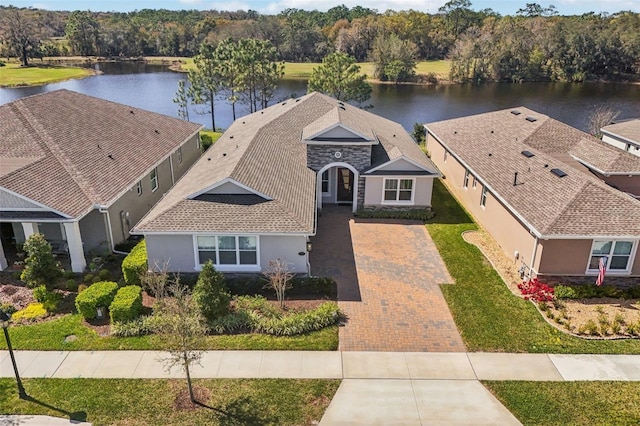 aerial view featuring a water view