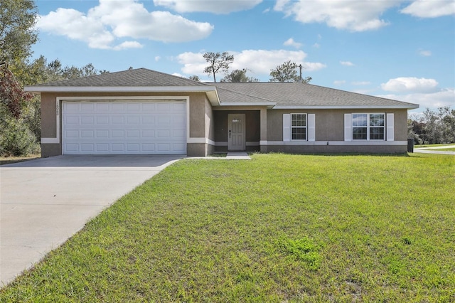 single story home featuring an attached garage, concrete driveway, roof with shingles, stucco siding, and a front yard