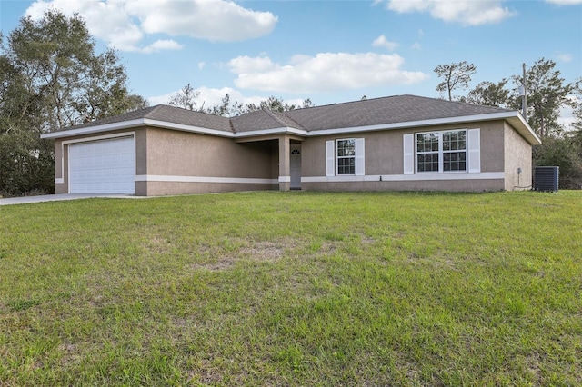 ranch-style home featuring a garage, a front lawn, central AC, and stucco siding