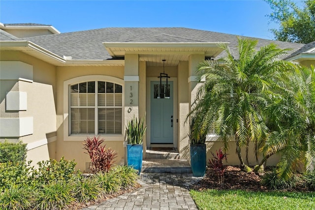 doorway to property featuring stucco siding and a shingled roof