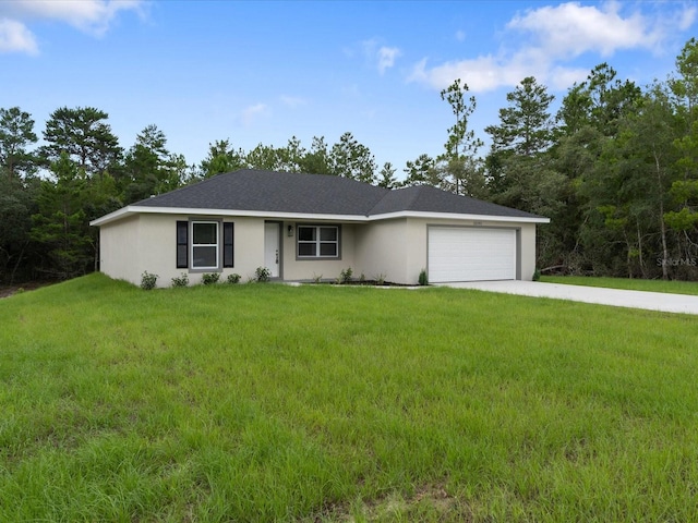 single story home with a garage, a front lawn, concrete driveway, and stucco siding