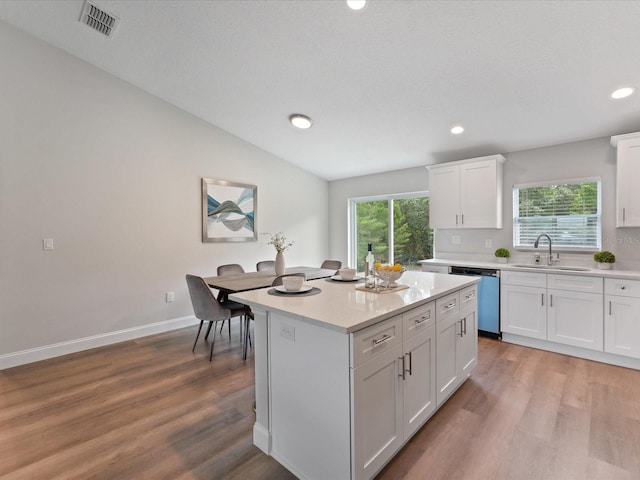 kitchen with dishwashing machine, light wood-type flooring, a sink, and light countertops