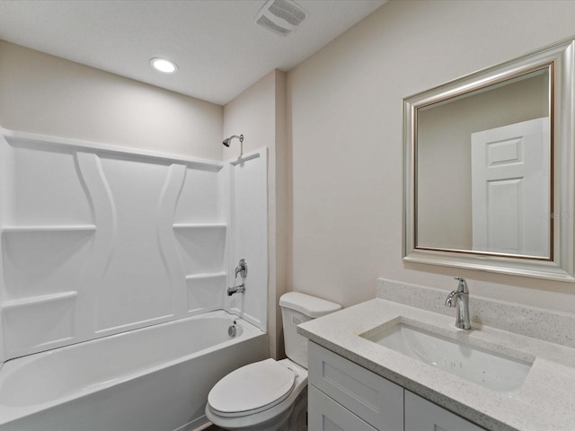 full bath with recessed lighting, bathtub / shower combination, visible vents, toilet, and vanity