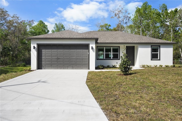 ranch-style home featuring a garage, concrete driveway, a front yard, and stucco siding