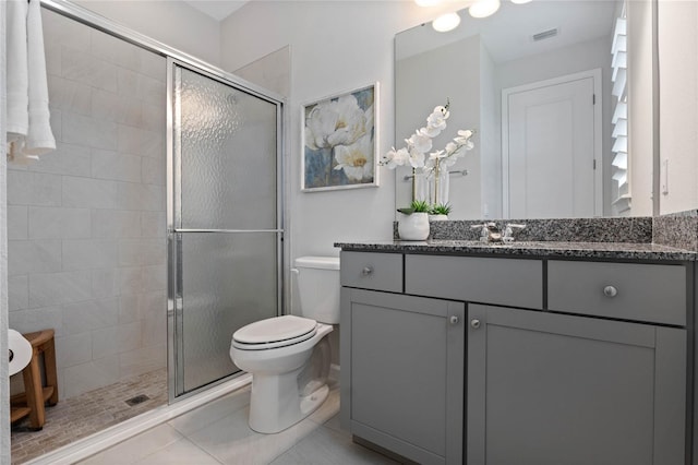 full bath with toilet, vanity, a shower stall, and visible vents