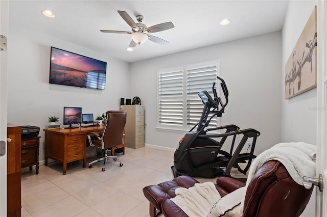 office featuring light tile patterned floors, recessed lighting, a ceiling fan, and baseboards