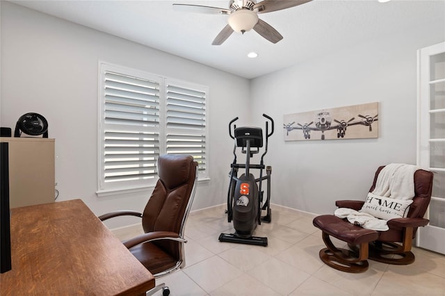 office area featuring recessed lighting, ceiling fan, baseboards, and tile patterned floors