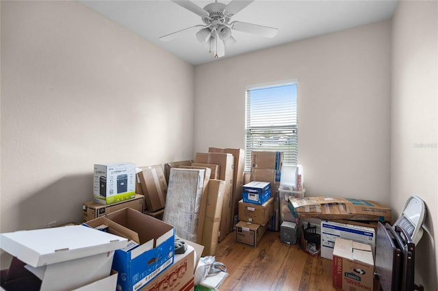 storage room featuring a ceiling fan