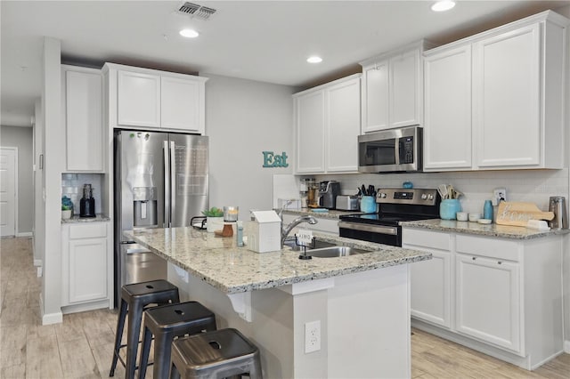 kitchen featuring tasteful backsplash, visible vents, white cabinets, appliances with stainless steel finishes, and a sink