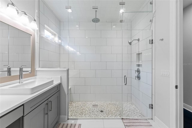 full bath featuring a stall shower and vanity