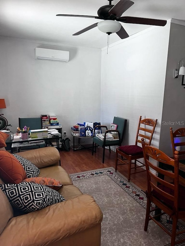 131 San Blas Ave, Kissimmee, FL 34743 - living room featuring a wall mounted AC, ceiling fan, wood finished floors, and an office area