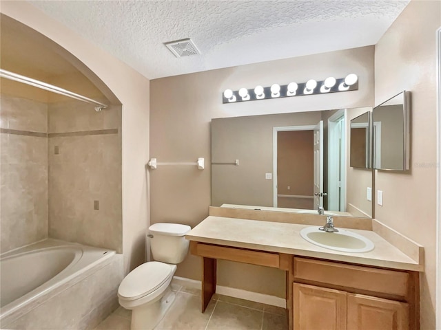 bathroom with visible vents, toilet,  shower combination, tile patterned flooring, and a textured ceiling