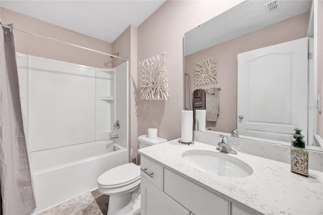 full bathroom featuring shower / tub combo with curtain, toilet, vanity, and visible vents