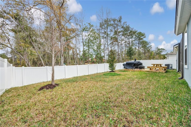 view of yard with central air condition unit and a fenced backyard