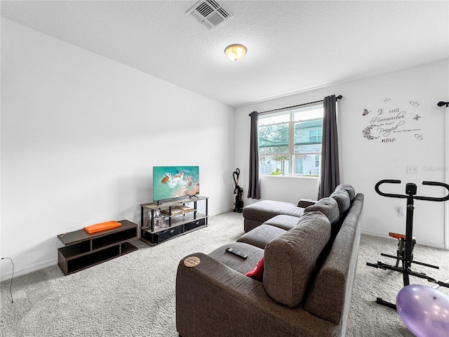 carpeted living area with baseboards, visible vents, and a textured ceiling