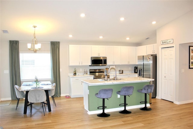 kitchen with white cabinetry, visible vents, appliances with stainless steel finishes, and light countertops