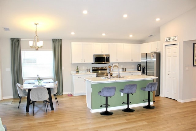 kitchen featuring light countertops, visible vents, appliances with stainless steel finishes, white cabinets, and a sink