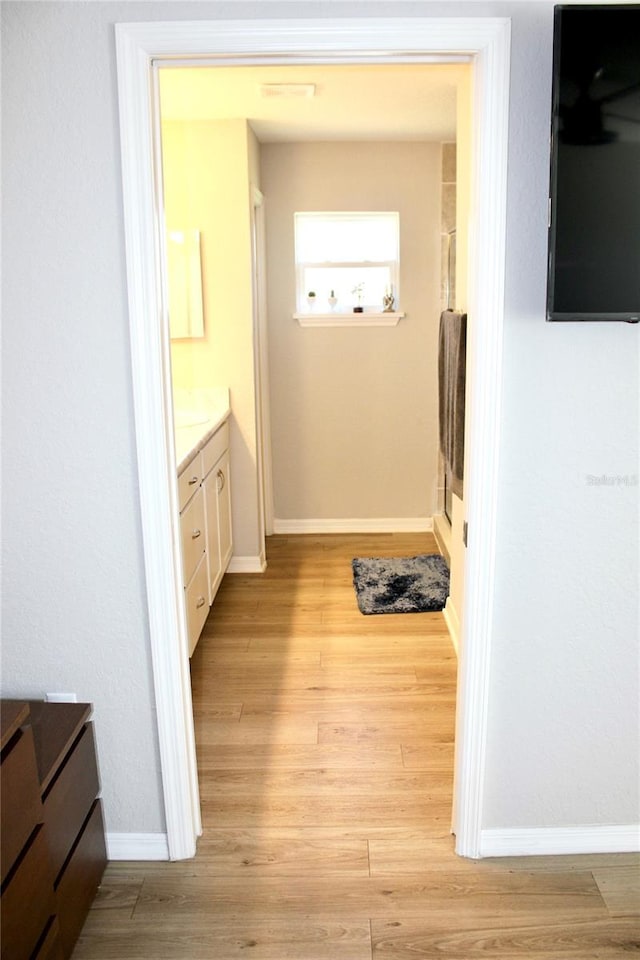 interior space featuring baseboards, wood finished floors, and vanity