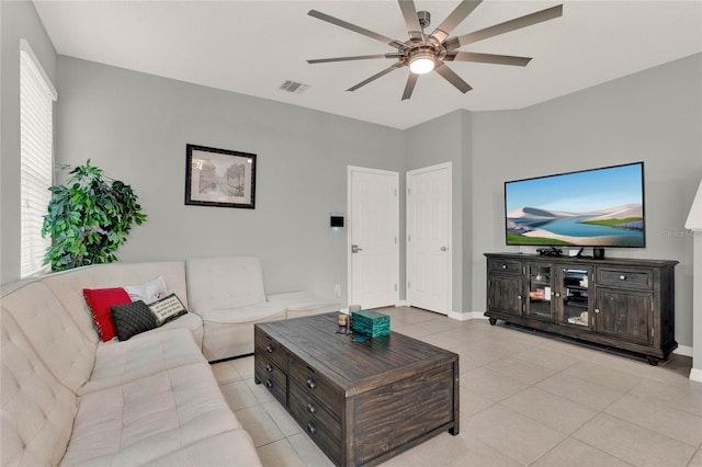 living area with a ceiling fan, visible vents, baseboards, and light tile patterned floors