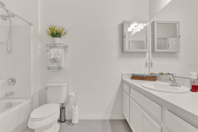 bathroom with shower / bathing tub combination, toilet, vanity, tile patterned flooring, and baseboards