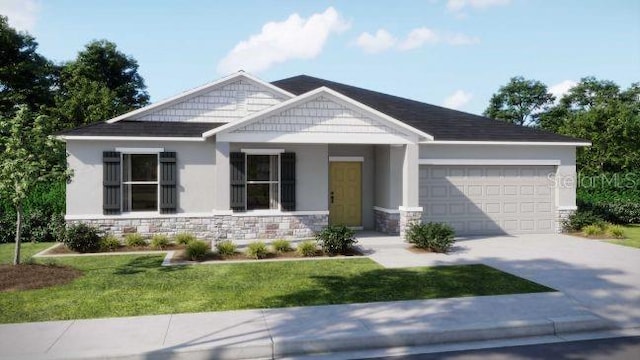 craftsman-style house featuring an attached garage, stone siding, driveway, and a front lawn