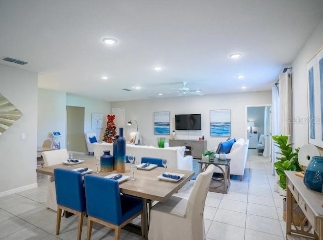 dining room featuring light tile patterned floors, ceiling fan, visible vents, and recessed lighting