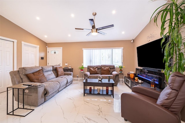 living room featuring a ceiling fan, lofted ceiling, marble finish floor, and recessed lighting