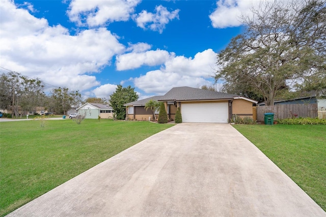 ranch-style home featuring a garage, driveway, a front lawn, and fence