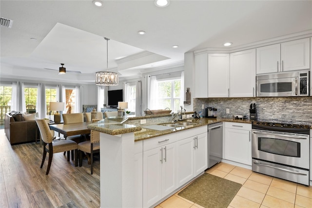 kitchen featuring a peninsula, stainless steel appliances, a raised ceiling, and open floor plan